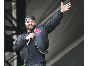 Drake addresses the Toronto Raptors championship rally in Nathan Phillips Square on June 17, 2019.