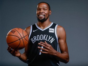 Brooklyn Nets forward Kevin Durant poses for a portrait during media day at HSS Training Center.