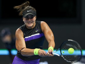 Bianca Andreescu of Canada  in action against Elise Mertens of Belgium during the Women's singles 2 round of 2019 China Open at the China National Tennis Center on Oct.2, 2019 in Beijing, China.