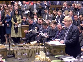 Britain's Prime Minister Boris Johnson speaks at the House of Commons as parliament discusses Brexit, sitting on a Saturday for the first time since the 1982 Falklands War, in London, Britain, October 19, 2019, in this screen grab taken from video.