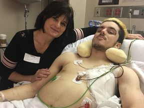 Saskatchewan nurse Vivian York, visits Broncos player Ryan Straschnitzki in a Saskatoon hospital in April, 2018 as shown in this image provided by Ryan's father Tom Straschnitzki.