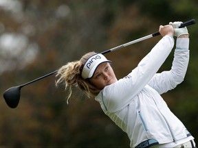 Brooke Henderson drives from a tee on the second hole during Round 1 of 2019 BMW Ladies Championship at LPGA International Busan at on Oct. 24, 2019 in Busan, South Korea. (Han Myung-Gu/Getty Images)
