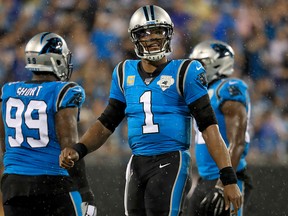 Cam Newton of the Carolina Panthers looks on against the Tampa Bay Buccaneers at Bank of America Stadium on September 12, 2019 in Charlotte, N.C. (Streeter Lecka/Getty Images)