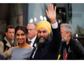 New Democratic Party (NDP) leader Jagmeet Singh gestures as he arrives for an English language federal election debate at the Canadian Museum of History in Gatineau, Quebec, Canada, October 7, 2019.