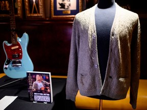 Kurt Cobain's cardigan from Nirvana's 1993 MTV Unplugged performance is on display at the Hard Rock Cafe in New York City ahead of the auction of Julien's Auctions on Oct. 21, 2019 in New York City.