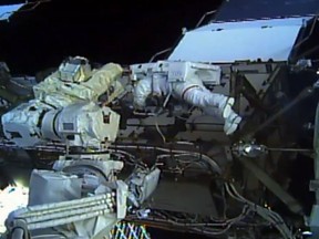 This image taken from NASA TV shows, astronaut Christina Koch during her spacewalk outside the International Space Station on Oct. 18, 2019. (HO/NASA TV/AFP via Getty Images)