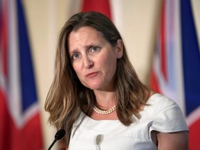 Foreign Minister Chrystia Freeland attends a news conference following a meeting with Britain's Foreign Secretary Dominic Raab in Toronto, on Aug. 6, 2019.