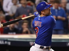 David Ross of the Chicago Cubs hits a solo home run against the Cleveland Indians in Game 7 of the 2016 World Series at Progressive Field on November 2, 2016 in Cleveland. (Ezra Shaw/Getty Images)