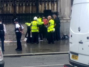 Police detains a man, who have doused himself in what appeared to be flammable liquid, outside Parliament's carriage gate in London, Britain Oct.  1, 2019, in this picture obtained from social media.