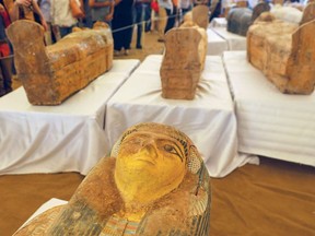 Painted ancient coffins are seen at Al-Asasif necropolis, unveiled by Egyptian antiquities officials in the Valley of the Kings in Luxor, Egypt October 19, 2019.