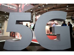 A logo of the upcoming mobile standard 5G is pictured at the Hanover trade fair, in Hanover, Germany March 31, 2019.