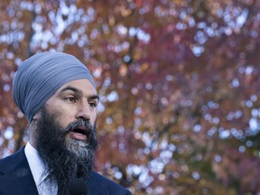 NDP Leader Jagmeet Singh responds to questions during a news conference in Ottawa, on Thursday, October 10, 2019.