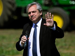 Argentine presidential candidate Alberto Fernandez of Frente de Todos party gestures during a campaign rally in Buenos Aires on Oct. 7, 2019.