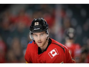 Calgary Flames Noah Hanifin during the pre-game skate before facing the Ottawa Senators in NHL hockey at the Scotiabank Saddledome in Calgary on Thursday, March 21, 2019. Al Charest/Postmedia