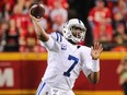 Indianapolis Colts quarterback Jacoby Brissett throws a pass against the Kansas City Chiefs during the first half at Arrowhead Stadium.