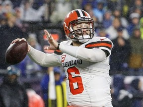 Cleveland Browns quarterback Baker Mayfield prepares to make a pass during the first half against the New England Patriots at Gillette Stadium.