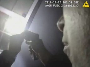 This Fort Worth Police Department handout video screen image obtained Monday, Oct. 14, 2019, shows a scene of a shooting from the Fort Worth Police Bodycam on Oct. 12, 2019.