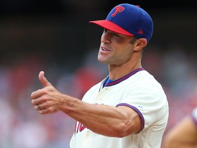 Manager Gabe Kapler of the Philadelphia Phillies gives the thumbs up as he exchanges line ups with the Miami Marlins at Citizens Bank Park on September 29, 2019 in Philadelphia. (Rich Schultz/Getty Images)