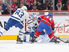 Brendan Gallagher of the Montreal Canadiens about to score his goal on the Toronto Maple Leafs with Cody Ceci trying to help at Centre Bell on Oct. 26, 2019 in Montreal.