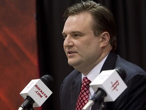 Daryl Morey, general manager of the Houston Rockets speaks during a press conference announcing the signing of Jeremy Lin at Toyota Center on July 19, 2012 in Houston.  (Bob Levey/Getty Images)