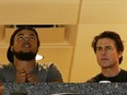 In this April 5, 2015 file photo, actor Tom Cruise, right, and his son Connor watch the Maryland Terrapins play against the Connecticut Huskies during the NCAA Women's Final Four Semifinal at Amalie Arena in Tampa, Florida.  (Mike Carlson/Getty Images)