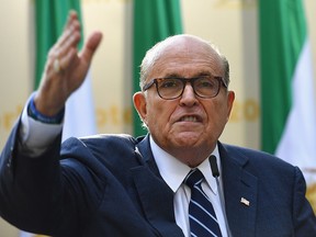 In this file photo taken on September 24, 2019, lawyer Rudy Giuliani speaks to the Organization of Iranian American Communities outside the United Nations Headquarters in New York. (ANGELA WEISS/AFP via Getty Images)