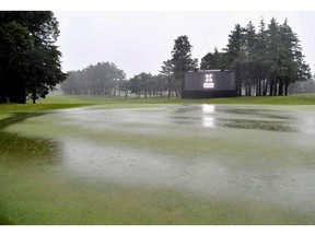 General view shows heavy rain falling on the green at the Zozo Championship, a PGA Tour event, at Narashino Country Club in Inzai, Chiba Prefecture, Japan October 25, 2019, in this photo released by Kyodo. Mandatory credit Kyodo/via REUTERS ATTENTION EDITORS - THIS IMAGE WAS PROVIDED BY A THIRD PARTY. MANDATORY CREDIT. JAPAN OUT. NO COMMERCIAL OR EDITORIAL SALES IN JAPAN. ORG XMIT: TOK001