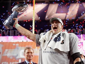 Rob Gronkowski of the New England Patriots celebrates with the Vince Lombardi Trophy after Super Bowl XLIX at University of Phoenix Stadium on Feb.  1, 2015 in Glendale, Ariz.