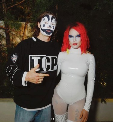 Marilyn Manson fan Halsey dressed as the rocker and boyfriend Evan Peters dressed as an Insane Clown Posse fan at her Halloween party in Los Angeles, Oct. 25, 2019. (Halsey/Instagram)