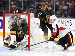 Brady Tkachuk can't quite jam one past Golden Knights goaltender Marc-André Fleury during the third period at T-Mobile Arena on Thursday night. Tkachuk had several good looks on the power play, but Ottawa still left Vegas 0-for-21 to start the season.