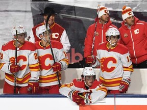 Oct 26, 2019; Regina, Saskatchewan, CAN; Calgary Flames left wing Matthew Tkachuk (19) reacts to a play during the 2019 Heritage Classic outdoor hockey game against the Winnipeg Jets at Mosaic Stadium. Mandatory Credit: Candice Ward-USA TODAY Sports ORG XMIT: USATSI-405162