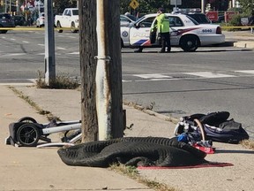 A stroller is seen after a hit-and-run at Pharmacy Ave. and Ellesmere Rd. on Sunday, Oct. 13, 2019. A baby and two women injured. (Ernest Doroszuk/Toronto Sun)