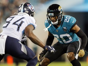 Jalen Ramsey of the Jacksonville Jaguars defends against Corey Davis of the Tennessee Titans at TIAA Bank Field on September 19, 2019 in Jacksonville. (James Gilbert/Getty Images)