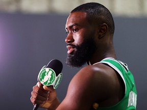 Jaylen Brown looks on during Celtics Media Day at High Output Studios on September 30, 2019 in Canton, Massachusetts. (Maddie Meyer/Getty Images)