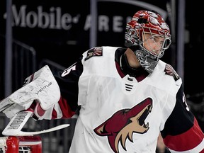 Darcy Kuemper of the Arizona Coyotes takes a break during a stop in play against the Vegas Golden Knights at T-Mobile Arena on February 12, 2019 in Las Vegas. (Ethan Miller/Getty Images)