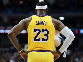 LeBron James of the Los Angeles Lakers reacts during a pre-season game against the Brooklyn Nets at Mercedes-Benz Arena on October 10, 2019 in Shanghai, China. (Lintao Zhang/Getty Images)