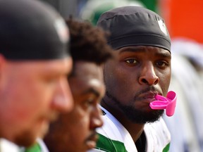 Le'Veon Bell of the New York Jets looks on during the fourth quarter of a football game against the Jacksonville Jaguars at TIAA Bank Field on Oct. 27, 2019 in Jacksonville, Fla. (Julio Aguilar/Getty Images)