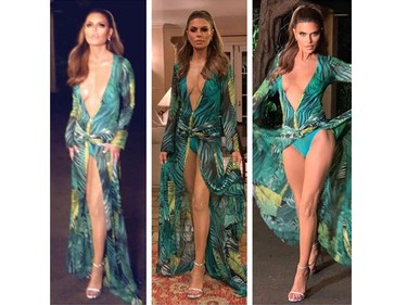 Lisa Rinna dressed as Jennifer Lopez in her plunging neck Versace dress at the Casamigos Halloween party. (Lisa Rinna/Instagram)
