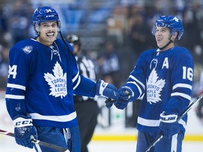 With captain John Tavares still out, Auston Matthews (left) and Mitchell Marner will likely be together five-on-five on Monday night against Columbus. (Nathan Denette/The Canadian Press)