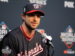 Washington Nationals starting pitcher Max Scherzer speaks to the media. USA TORDAY