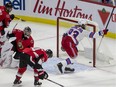 New York Rangers Mika Zibanejad celebrates his goal against Ottawa Senators goaltender Craig Anderson during NHL hockey action at the Canadian Tire Centre on Saturday.