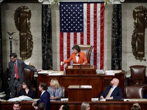 Speaker of the House Nancy Pelosi gavels the close of a vote by the U.S. House of Representatives on a resolution formalizing the impeachment inquiry centred on President Donald Trump, in Washington, D.C., on Thursday, Oct. 31, 2019.
