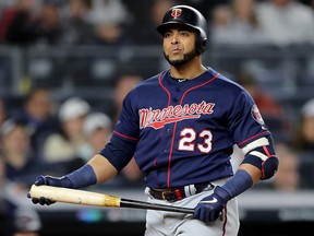 Nelson Cruz of the Minnesota Twins reacts after striking out against the New York Yankees at Yankee Stadium on October 4, 2019 in New York. (Elsa/Getty Images)