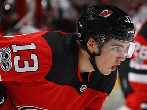 Nico Hischier of the New Jersey Devils skates in his first NHL game against the Colorado Avalanche at the Prudential Center on October 7, 2017 in Newark. (Bruce Bennett/Getty Images)