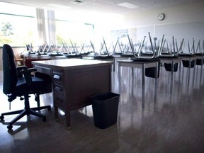 An empty school classroom.
