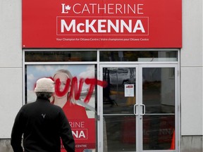 Catherine McKenna's office was vandalized overnight in Ottawa, Oct 24, 2019.  (Tony Caldwell/Postmedia Network)