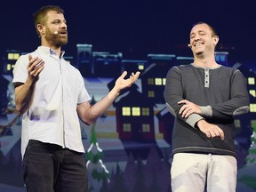 South Park creators Matt Stone, left, and Trey Parker discuss the video game onstage at Ubisoft's E3 2015 Conference at the Orpheum Theatre on Monday, June 15, 2015, in Los Angeles. (Chris Pizzello/Invision/AP)