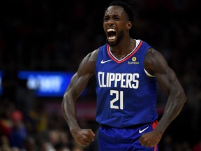 Patrick Beverley of the L.A. Clippers reacts to a Montrezl Harrell basket and foul in a 112-102 win over the Los Angeles Lakers during the L.A. Clippers season home opener at Staples Center on Oct. 22, 2019 in Los Angeles, Calif. (Harry How/Getty Images)