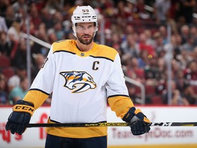 Roman Josi of the Nashville Predators awaits a face-off during the second period of the NHL game against the Arizona Coyotes at Gila River Arena on Oct. 17, 2019 in Glendale, Ariz. (Christian Petersen/Getty Images)
