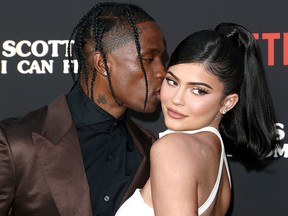 Travis Scott and Kylie Jenner attend the Travis Scott: "Look Mom I Can Fly" Los Angeles premiere at The Barker Hanger on Aug. 27, 2019 in Santa Monica, Calif.
